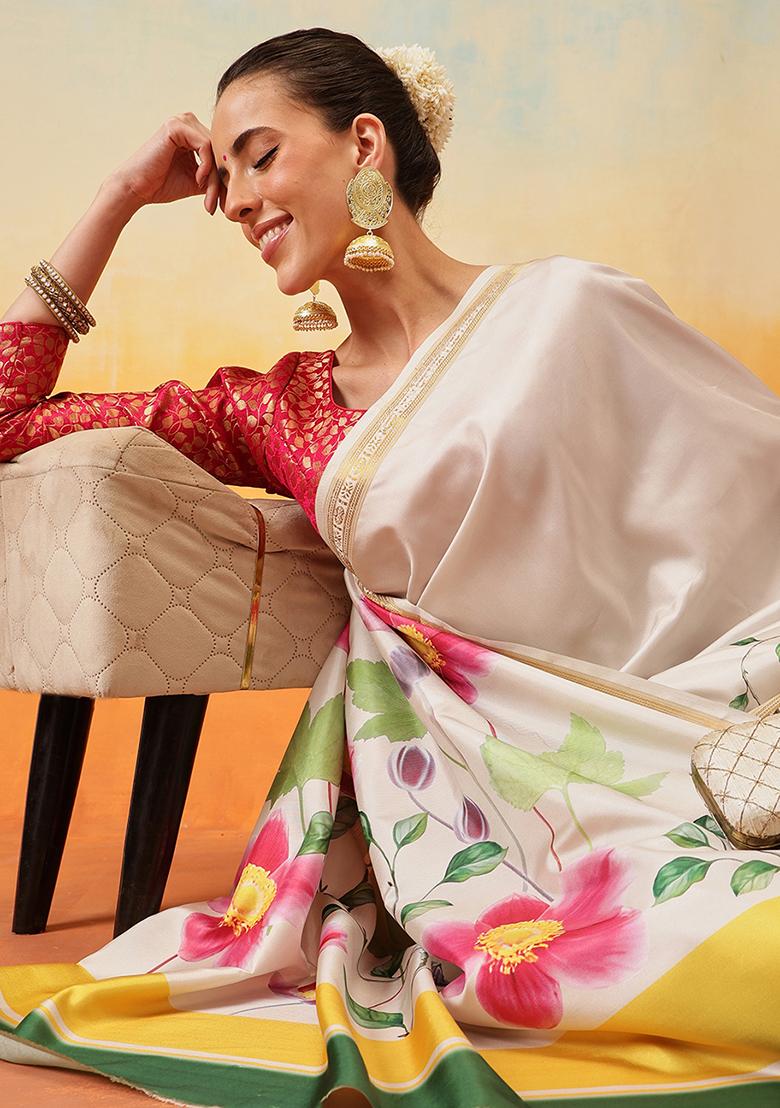 Off White Embroidered Art Silk Pre Stitched Saree