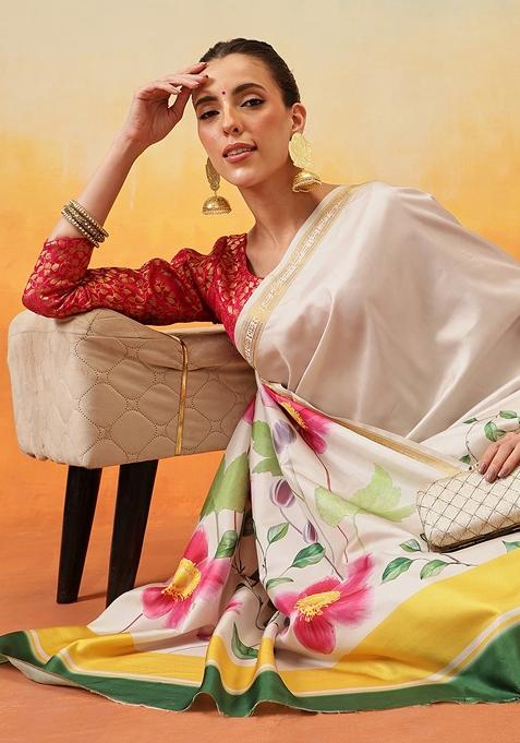 Off White Embroidered Art Silk Pre Stitched Saree