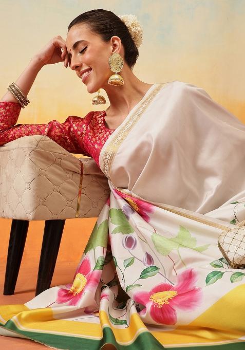 Off White Embroidered Art Silk Pre Stitched Saree