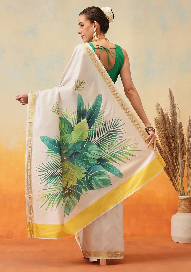 Off White Embroidered Art Silk Pre Stitched Saree