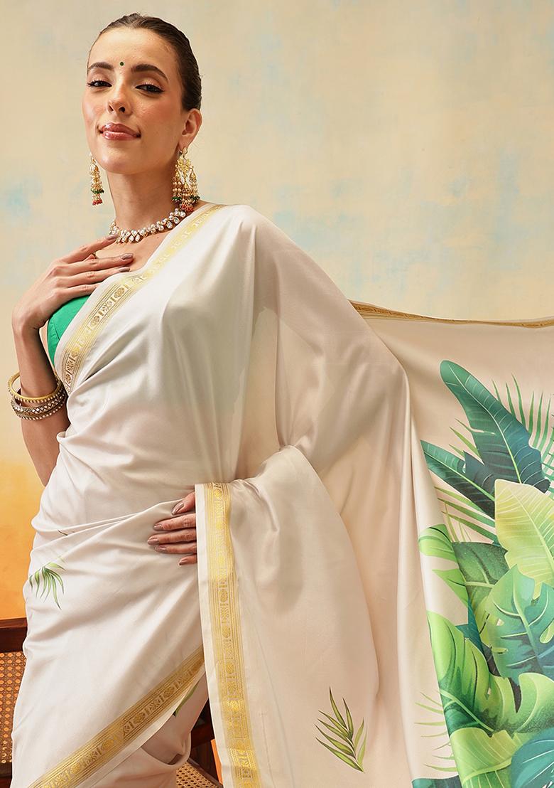 Off White Embroidered Art Silk Pre Stitched Saree