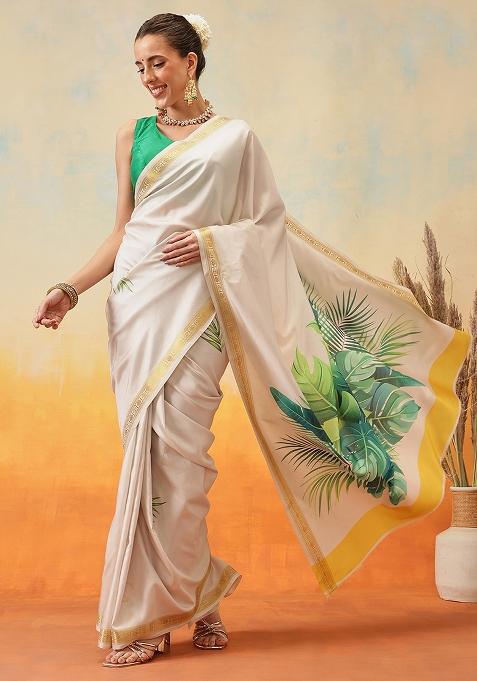 Off White Embroidered Art Silk Pre Stitched Saree