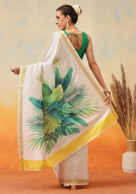 Off White Embroidered Art Silk Pre Stitched Saree