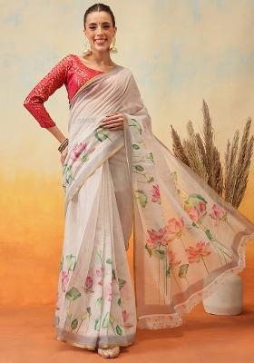 Beige Embroidered Cotton Blend Pre Stitched Saree