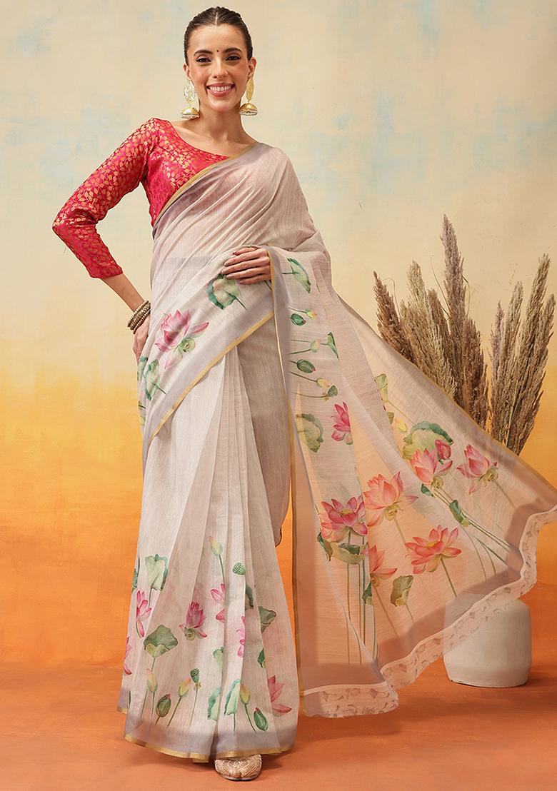 Beige Embroidered Cotton Blend Pre Stitched Saree