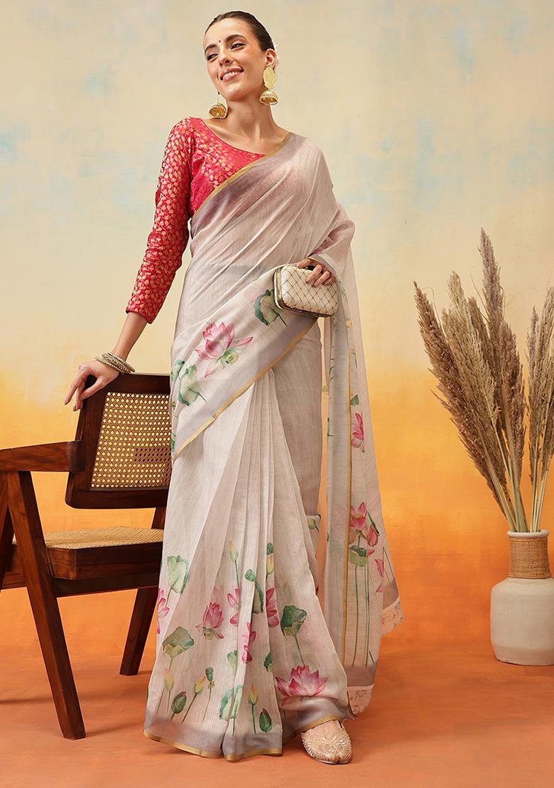 Beige Embroidered Cotton Blend Pre Stitched Saree