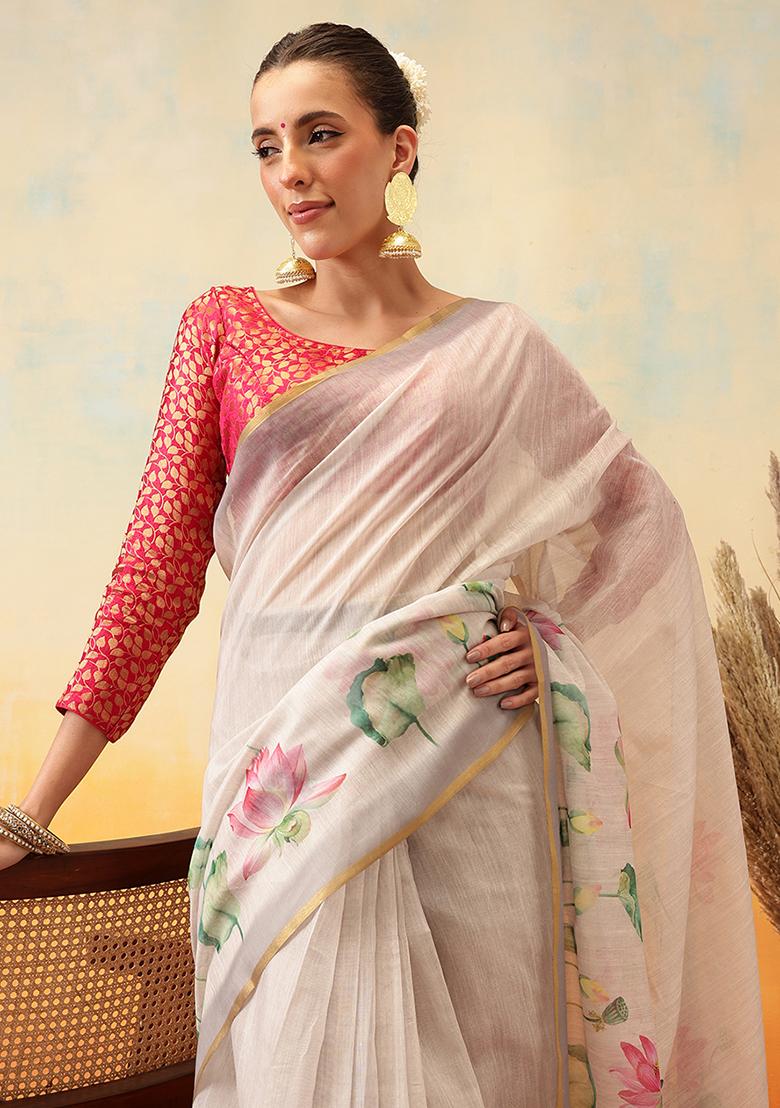 Beige Embroidered Cotton Blend Pre Stitched Saree