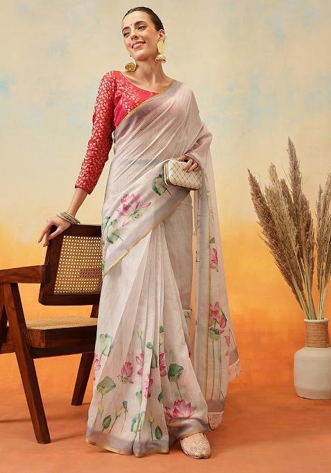 Beige Embroidered Cotton Blend Pre Stitched Saree