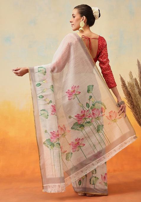 Beige Embroidered Cotton Blend Pre Stitched Saree