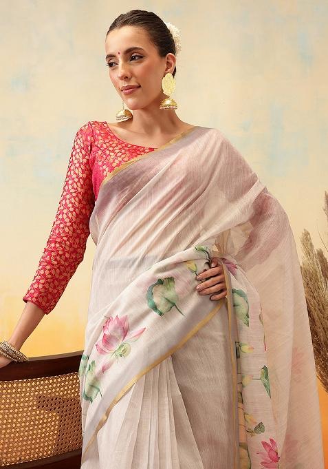 Beige Embroidered Cotton Blend Pre Stitched Saree