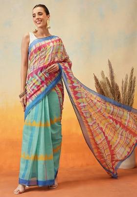 Green Embroidered Cotton Blend Pre Stitched Saree