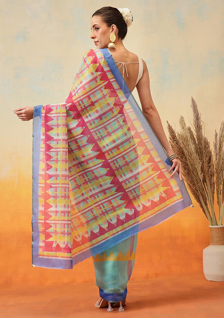 Green Embroidered Cotton Blend Pre Stitched Saree