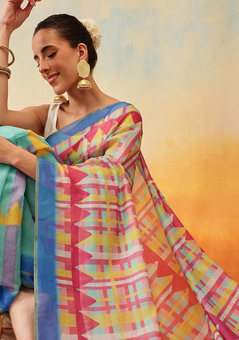 Green Embroidered Cotton Blend Pre Stitched Saree