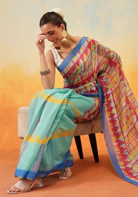 Green Embroidered Cotton Blend Pre Stitched Saree