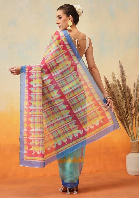 Green Embroidered Cotton Blend Pre Stitched Saree