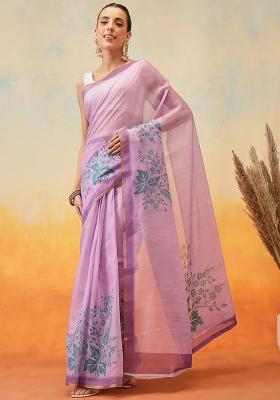 Purple Embroidered Cotton Blend Pre Stitched Saree