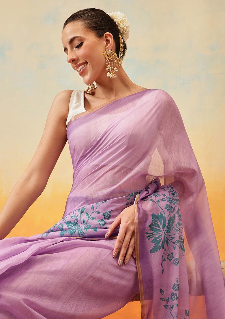 Purple Embroidered Cotton Blend Pre Stitched Saree