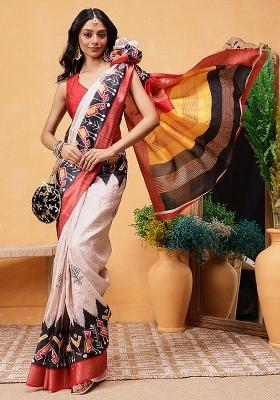 Beige Embroidered Tussar Silk Pre Stitched Saree