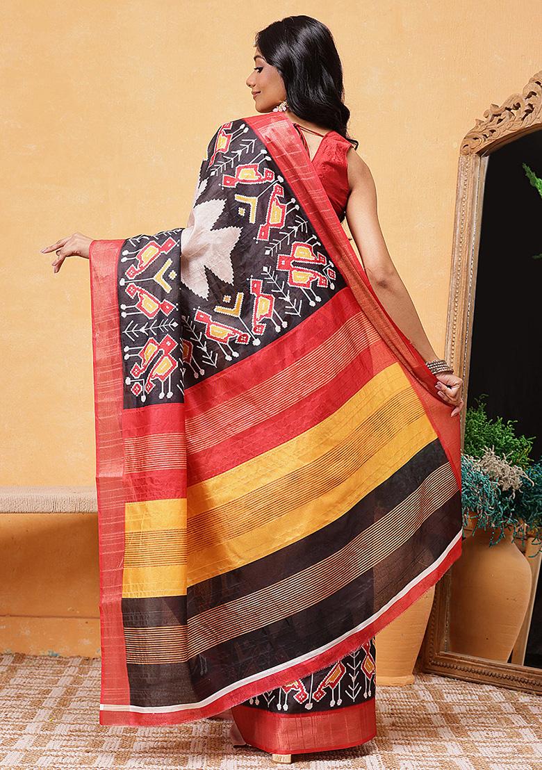 Beige Embroidered Tussar Silk Pre Stitched Saree