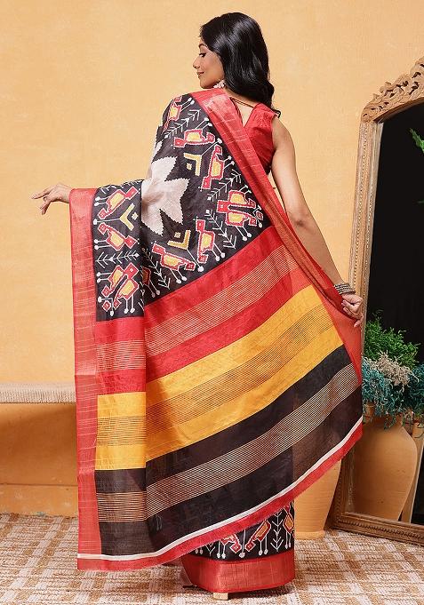 Beige Embroidered Tussar Silk Pre Stitched Saree