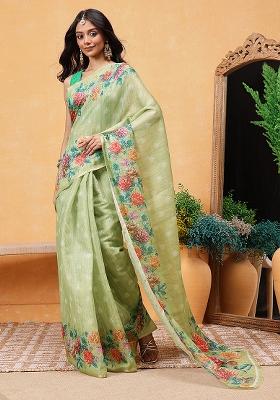 Green Embroidered Cotton Blend Pre Stitched Saree
