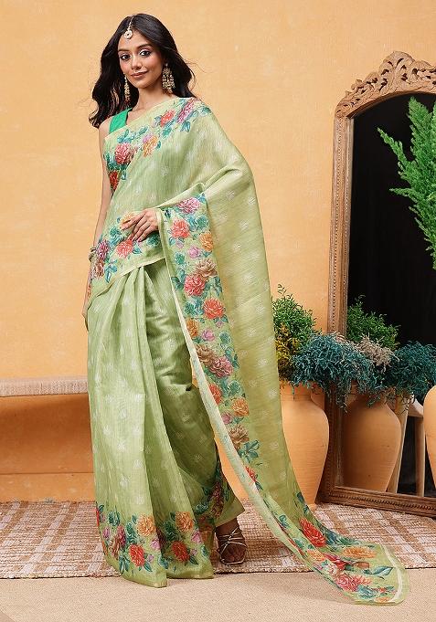 Green Embroidered Cotton Blend Pre Stitched Saree