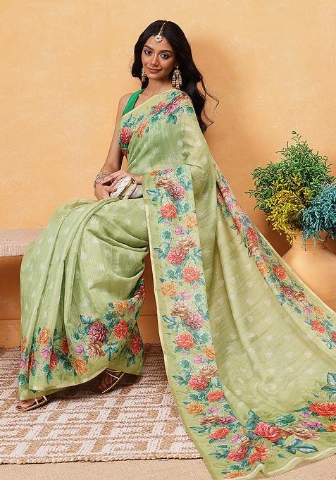 Green Embroidered Cotton Blend Pre Stitched Saree