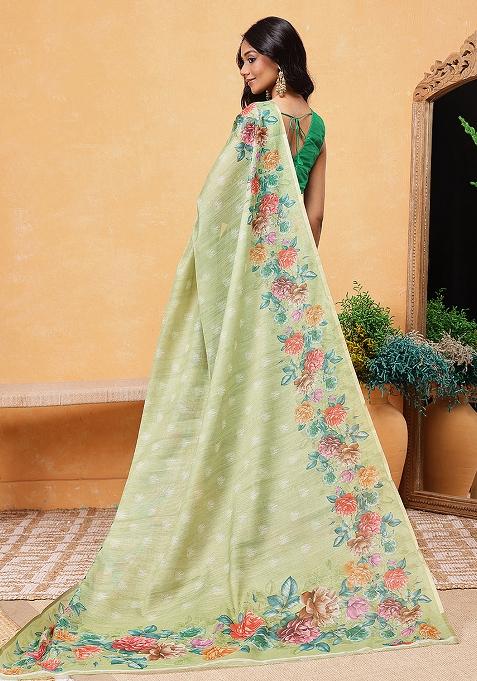 Green Embroidered Cotton Blend Pre Stitched Saree