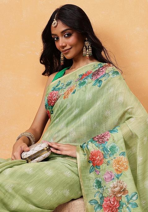 Green Embroidered Cotton Blend Pre Stitched Saree
