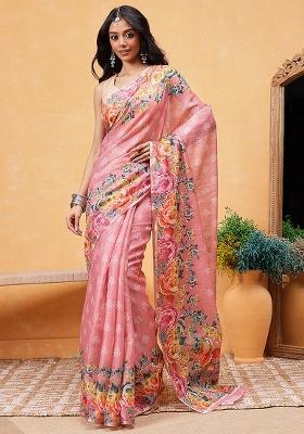 Pink Embroidered Cotton Blend Pre Stitched Saree