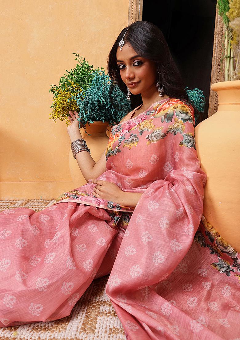Pink Embroidered Cotton Blend Pre Stitched Saree