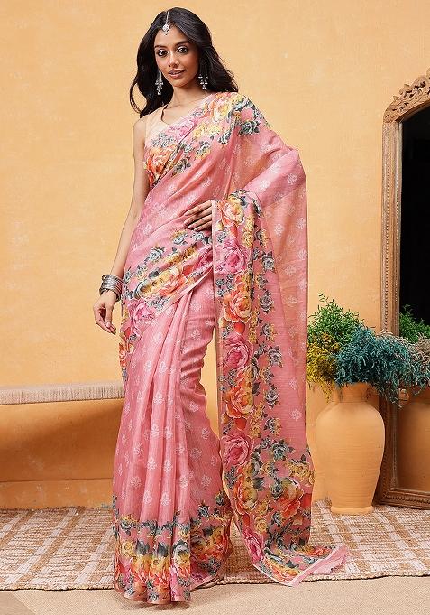 Pink Embroidered Cotton Blend Pre Stitched Saree