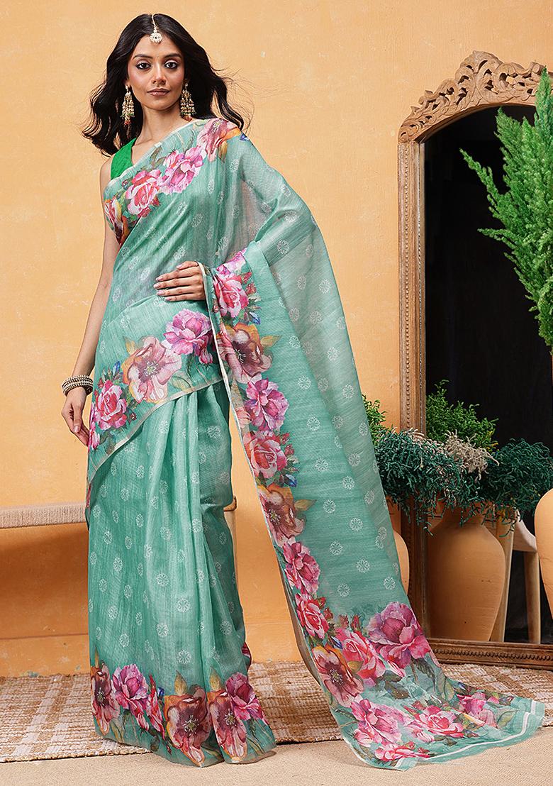 Teal Blue Embroidered Cotton Blend Pre Stitched Saree