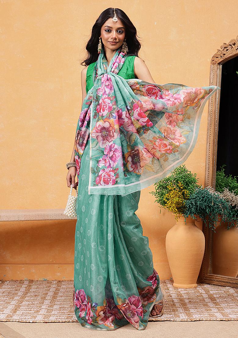 Teal Blue Embroidered Cotton Blend Pre Stitched Saree