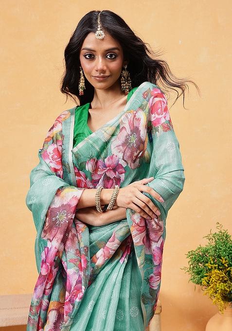 Teal Blue Embroidered Cotton Blend Pre Stitched Saree