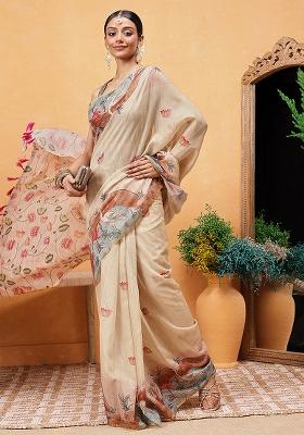 Beige Embroidered Cotton Blend Pre Stitched Saree