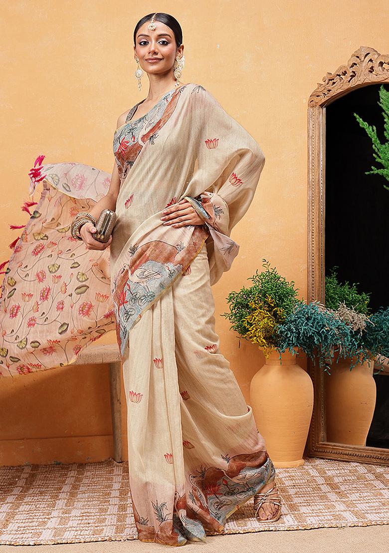 Beige Embroidered Cotton Blend Pre Stitched Saree