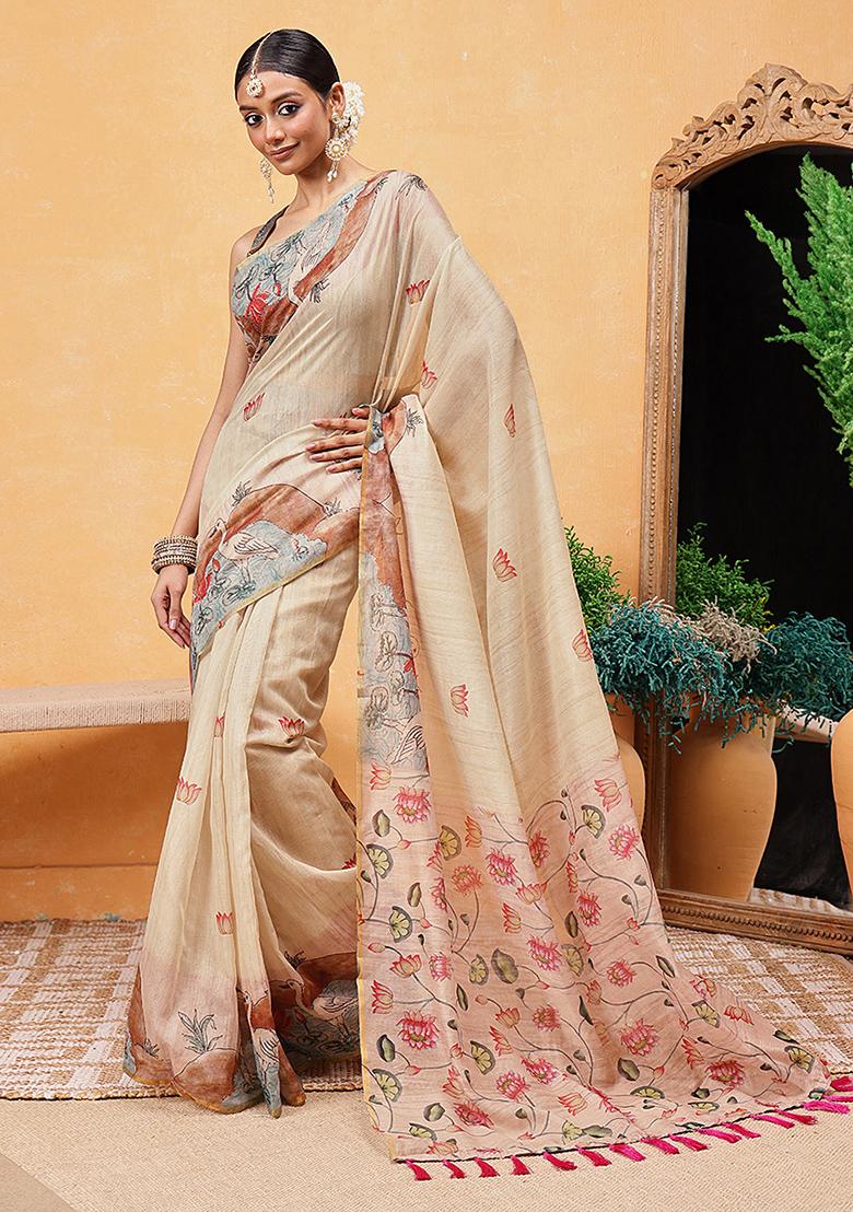 Beige Embroidered Cotton Blend Pre Stitched Saree