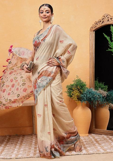 Beige Embroidered Cotton Blend Pre Stitched Saree