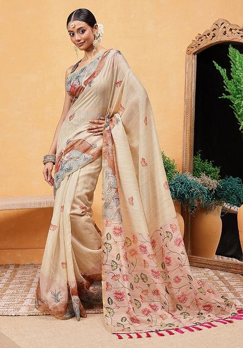 Beige Embroidered Cotton Blend Pre Stitched Saree