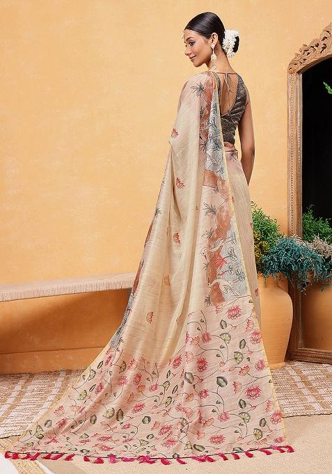 Beige Embroidered Cotton Blend Pre Stitched Saree