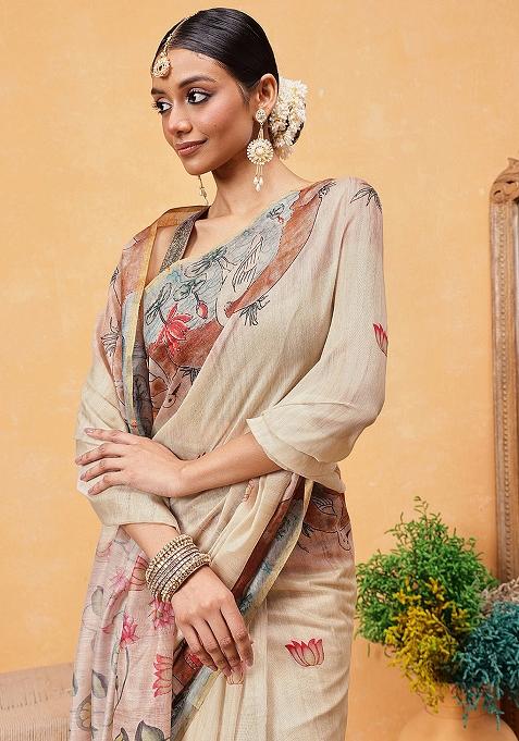 Beige Embroidered Cotton Blend Pre Stitched Saree