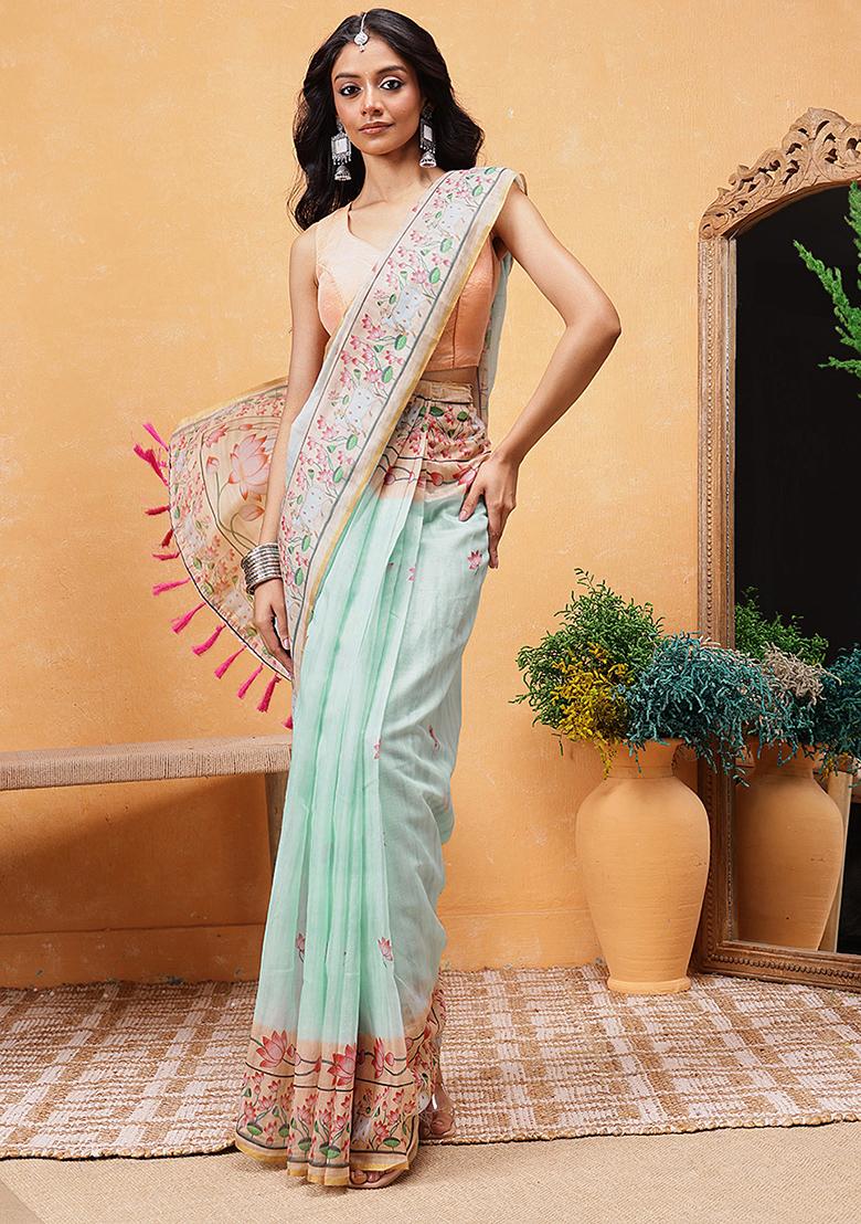 Blue Embroidered Cotton Blend Pre Stitched Saree
