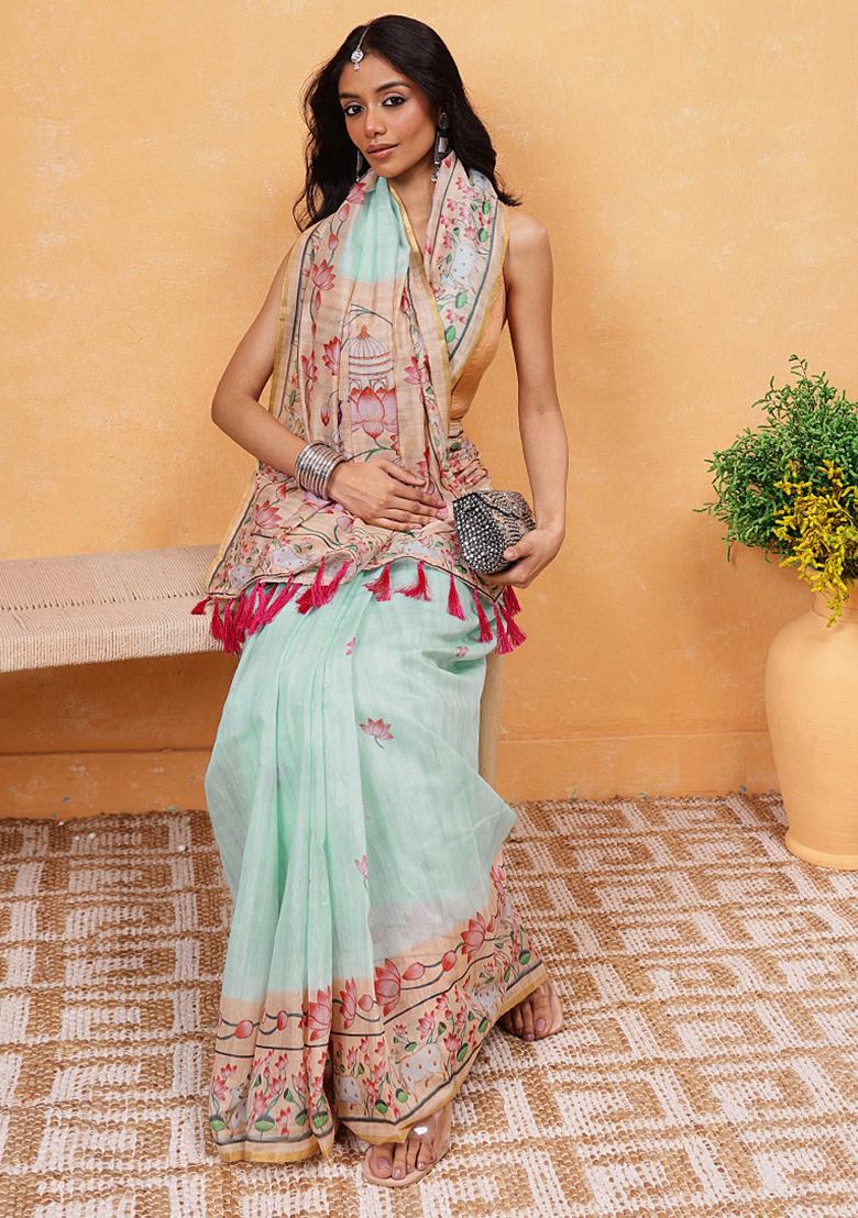 Blue Embroidered Cotton Blend Pre Stitched Saree