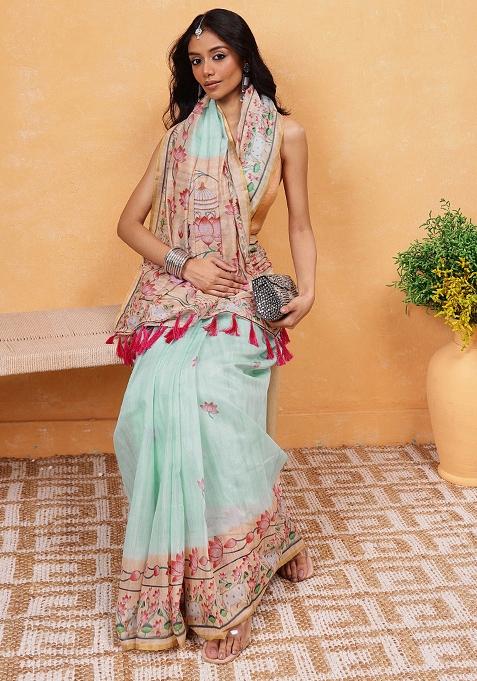 Blue Embroidered Cotton Blend Pre Stitched Saree