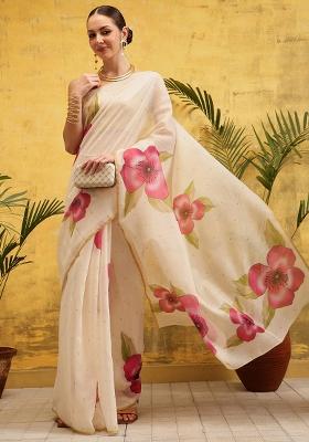 Beige Embroidered Cotton Blend Pre Stitched Saree