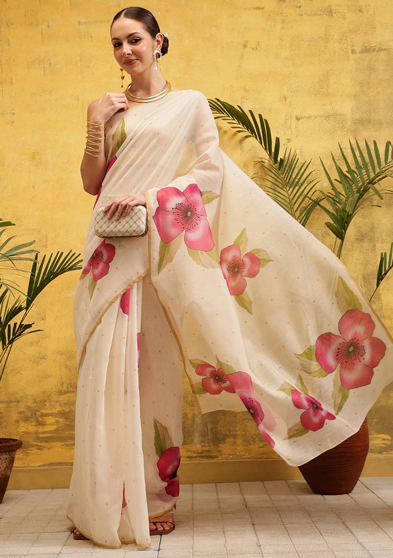 Beige Embroidered Cotton Blend Pre Stitched Saree