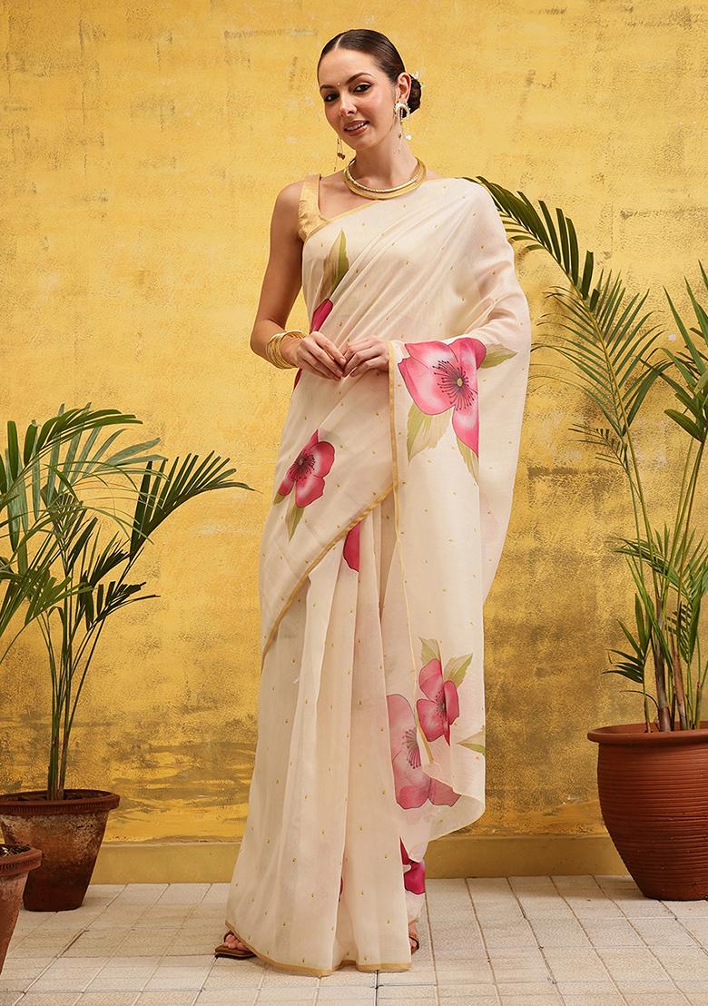 Beige Embroidered Cotton Blend Pre Stitched Saree