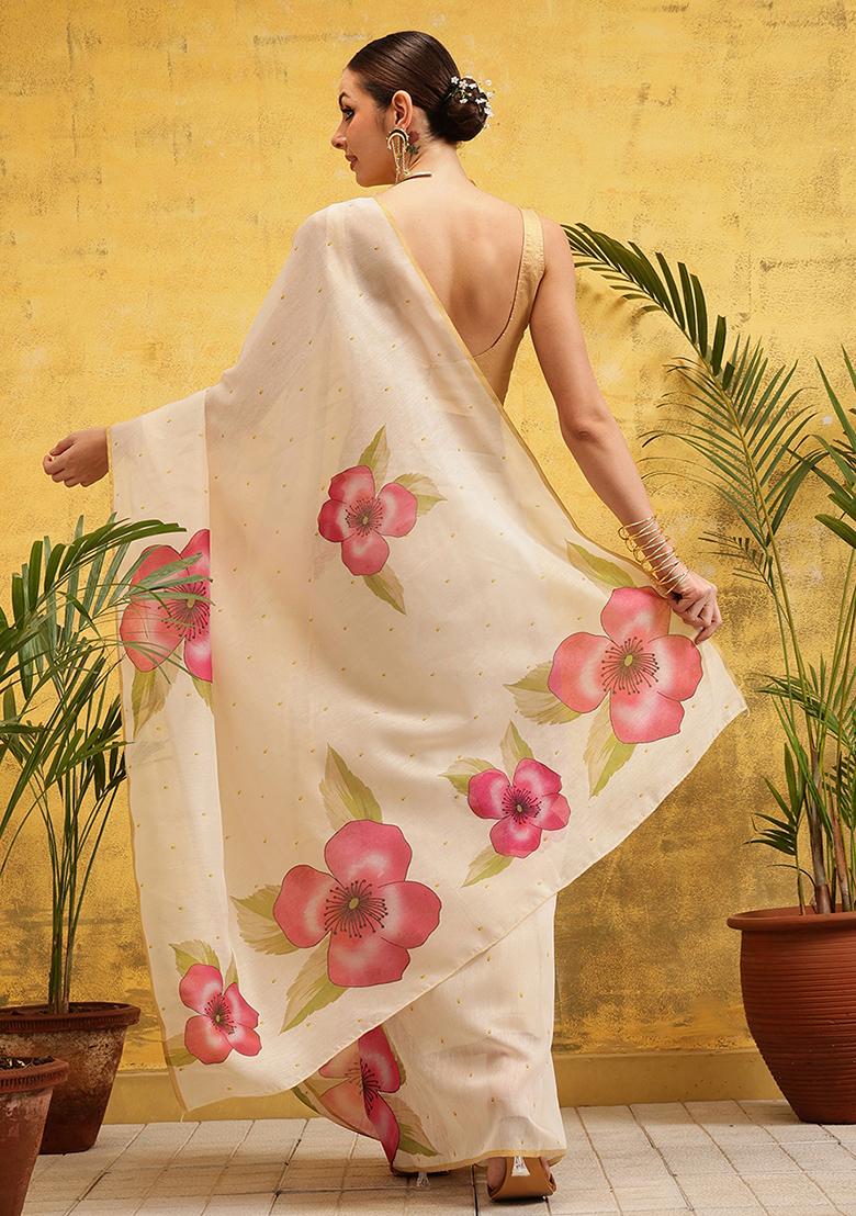 Beige Embroidered Cotton Blend Pre Stitched Saree