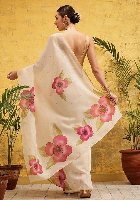 Beige Embroidered Cotton Blend Pre Stitched Saree